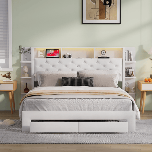 Cama de casal, 160x200 cm, LED, USB, cama para quarto. Cama com espaço de arrumação, branca, veludo