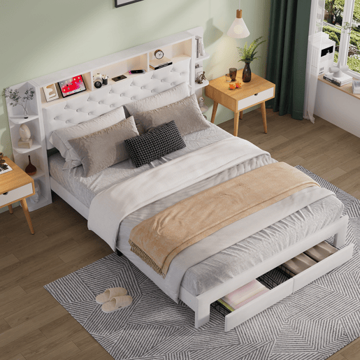 Cama de casal, 160x200 cm, LED, USB, cama para quarto. Cama com espaço de arrumação, branca, veludo