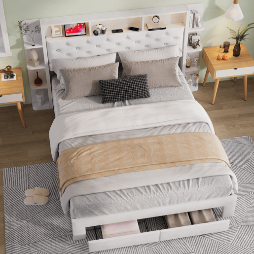 Cama de casal, 160x200 cm, LED, USB, cama para quarto. Cama com espaço de arrumação, branca, veludo