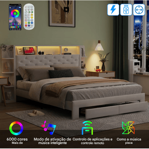 Cama de casal, 160x200 cm, LED, USB, cama para quarto. Cama com espaço de arrumação, branca, veludo