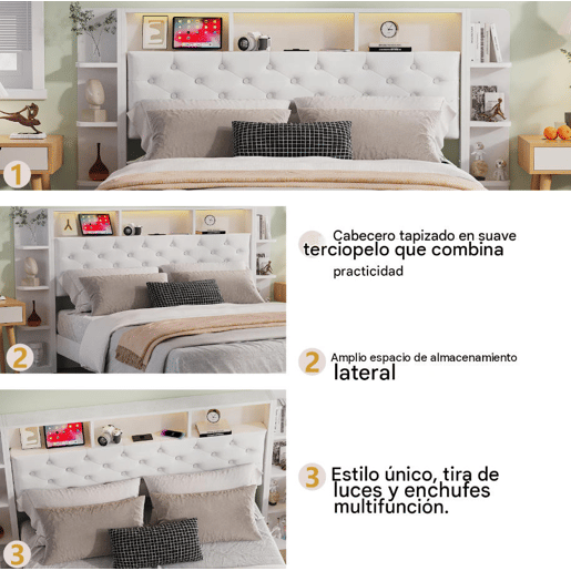 Cama de casal, 160x200 cm, LED, USB, cama para quarto. Cama com espaço de arrumação, branca, veludo