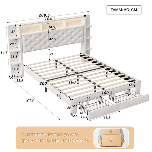 Cama de casal, 160x200 cm, LED, USB, cama para quarto. Cama com espaço de arrumação, branca, veludo