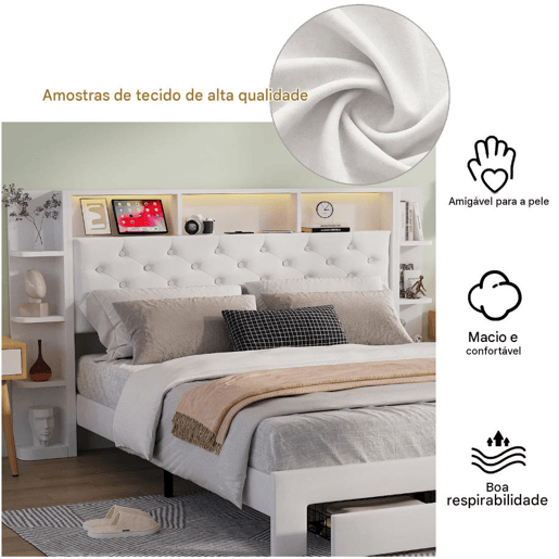 Cama de casal, 160x200 cm, LED, USB, cama para quarto. Cama com espaço de arrumação, branca, veludo