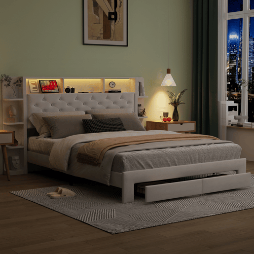 Cama de casal, 160x200 cm, LED, USB, cama para quarto. Cama com espaço de arrumação, branca, veludo