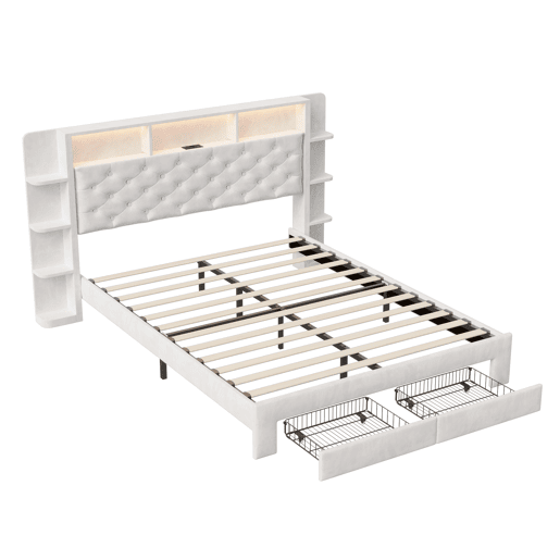Cama de casal, 160x200 cm, LED, USB, cama para quarto. Cama com espaço de arrumação, branca, veludo