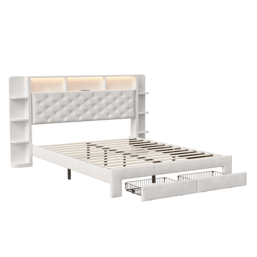 Cama de casal, 160x200 cm, LED, USB, cama para quarto. Cama com espaço de arrumação, branca, veludo