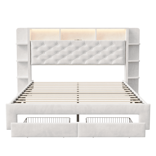 Cama de casal, 160x200 cm, LED, USB, cama para quarto. Cama com espaço de arrumação, branca, veludo