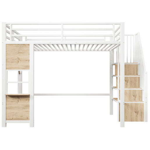 Cama alta 140 x 200 cm u2013 estrutura de ferro, escada com prateleiras, espaço aberto e grade de segurança, sem colchão u2013 branca Cama alta 140 x 200 cm u2013 estrutura de ferro, escada com prateleiras, espaço aberto e grade de segurança, sem colchão u2013 branca