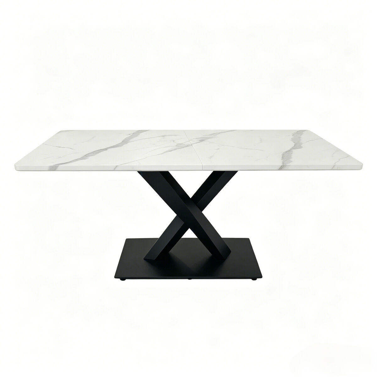 mesa de comedor rectangular moderna 6-8 personas - mesa de cocina grande con escritorio mdf y base metalica negra - mesa de madera con patron de marmol blanco - soporte en forma de x - blanco y negro