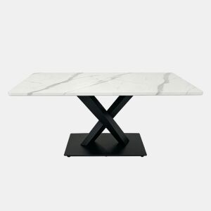 Mesa de jantar retangular moderna para 6 a 8 pessoas - Mesa de cozinha grande com tampo em MDF e base metálica preta - Mesa de madeira com padrão de mármore branco - Suporte em forma de X - Preto e branco