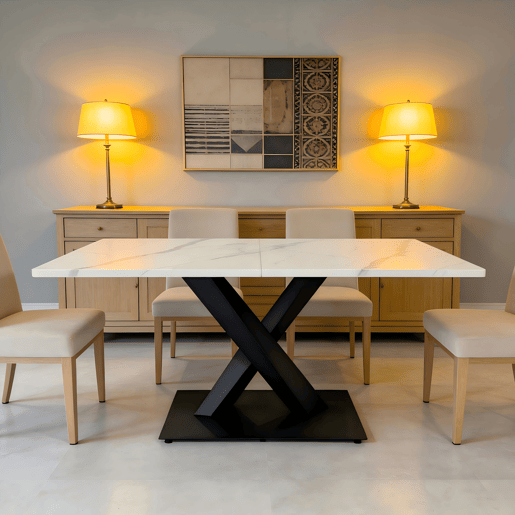 Mesa de jantar retangular moderna para 6 a 8 pessoas - Mesa de cozinha grande com tampo em MDF e base metálica preta - Mesa de madeira com padrão de mármore branco - Suporte em forma de X - Preto e branco Mesa de jantar retangular moderna para 6 a 8 pessoas - Mesa de cozinha grande com tampo em MDF e base metálica preta - Mesa de madeira com padrão de mármore branco - Suporte em forma de X - Preto e branco