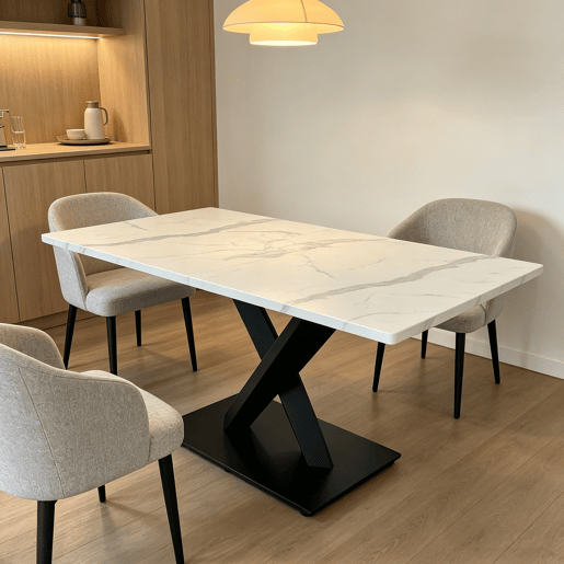 Mesa de jantar retangular moderna para 6 a 8 pessoas - Mesa de cozinha grande com tampo em MDF e base metálica preta - Mesa de madeira com padrão de mármore branco - Suporte em forma de X - Preto e branco Mesa de jantar retangular moderna para 6 a 8 pessoas - Mesa de cozinha grande com tampo em MDF e base metálica preta - Mesa de madeira com padrão de mármore branco - Suporte em forma de X - Preto e branco