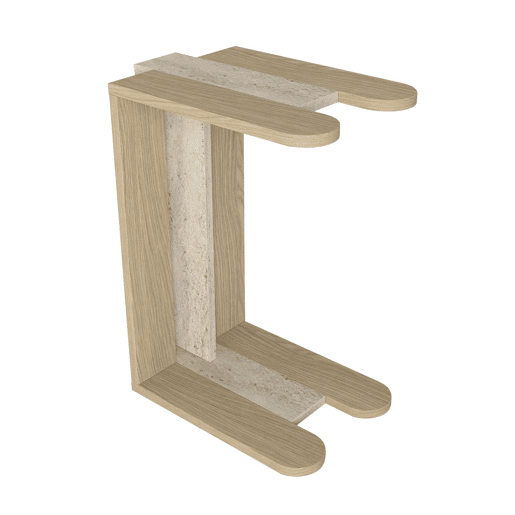 Mesa de apoio Rota, design em C, acabamento madeira natural com efeito travertino, para sofá e sala