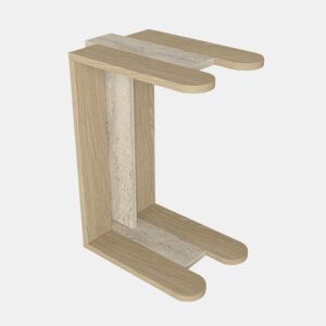 Mesa de apoio Rota, design em C, acabamento madeira natural com efeito travertino, para sofá e sala