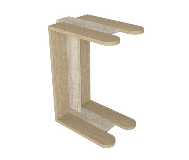 Mesa auxiliar Rota, diseño en C, acabado madera natural con efecto travertino, para sofá y salón