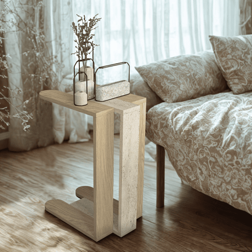 Mesa de apoio Rota, design em C, acabamento madeira natural com efeito travertino, para sofá e sala