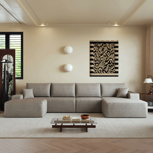 Sofá modular de canto 340 cm - chaise longue em L, assento profundo e design comprimido - camel Sofá modular de canto 340 cm - chaise longue em L, assento profundo e design comprimido - camel