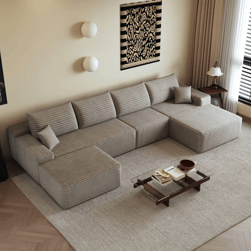 Sofá modular de canto 340 cm - chaise longue em L, assento profundo e design comprimido - camel Sofá modular de canto 340 cm - chaise longue em L, assento profundo e design comprimido - camel