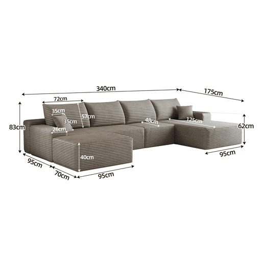 Sofá modular de canto 340 cm - chaise longue em L, assento profundo e design comprimido - camel Sofá modular de canto 340 cm - chaise longue em L, assento profundo e design comprimido - camel