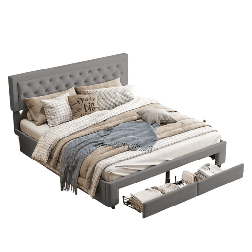 Cama de casal (180 x 200 cm), cama com baú, acabamento em veludo, com gavetas. Cinza. Cama de casal (180 x 200 cm), cama com baú, acabamento em veludo, com gavetas. Cinza.