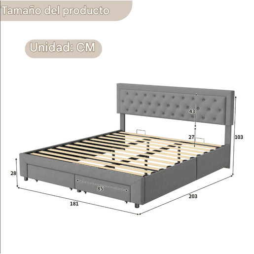 Cama de casal (180 x 200 cm), cama com baú, acabamento em veludo, com gavetas. Cinza. Cama de casal (180 x 200 cm), cama com baú, acabamento em veludo, com gavetas. Cinza.