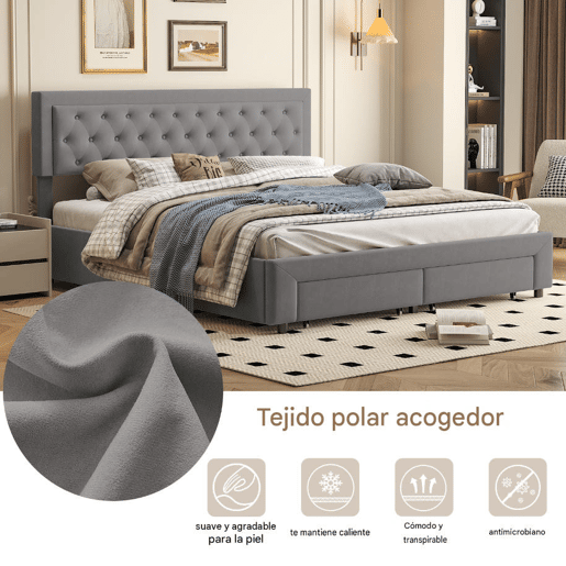 Cama de casal (180 x 200 cm), cama com baú, acabamento em veludo, com gavetas. Cinza. Cama de casal (180 x 200 cm), cama com baú, acabamento em veludo, com gavetas. Cinza.