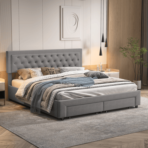 Cama de casal (180 x 200 cm), cama com baú, acabamento em veludo, com gavetas. Cinza. Cama de casal (180 x 200 cm), cama com baú, acabamento em veludo, com gavetas. Cinza.