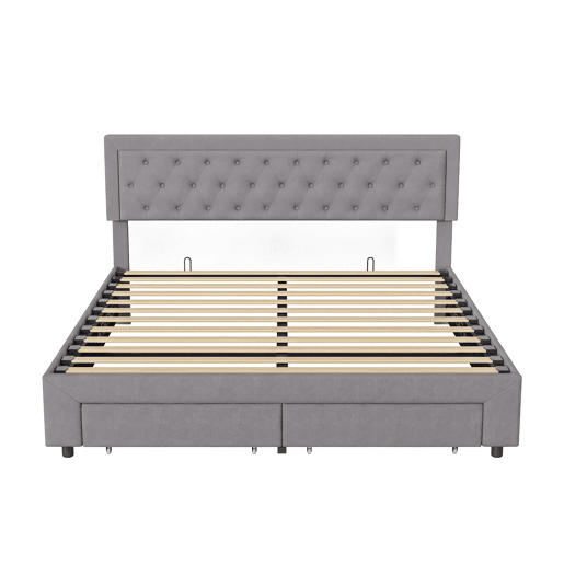 Cama de casal (180 x 200 cm), cama com baú, acabamento em veludo, com gavetas. Cinza. Cama de casal (180 x 200 cm), cama com baú, acabamento em veludo, com gavetas. Cinza.