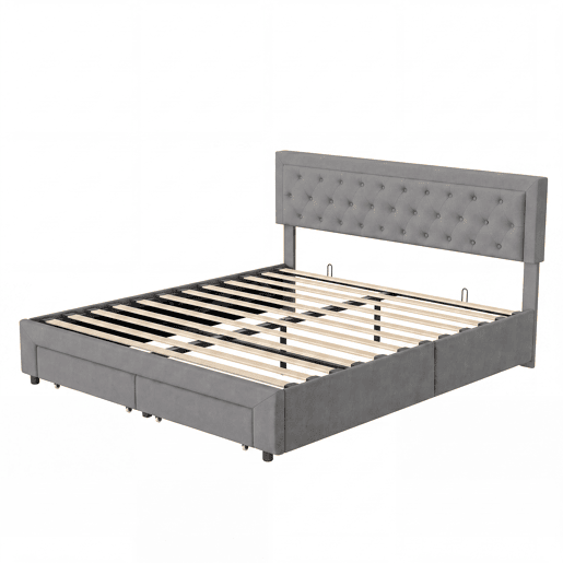 Cama de casal (180 x 200 cm), cama com baú, acabamento em veludo, com gavetas. Cinza. Cama de casal (180 x 200 cm), cama com baú, acabamento em veludo, com gavetas. Cinza.