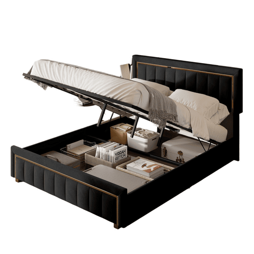Cama de casal 140x200 cm, cama com arrumação, espaço de arrumação cama de casal, cama para adolescente, preta.