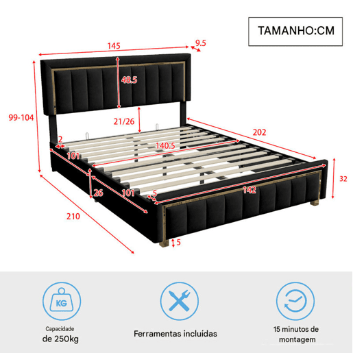 Cama de casal 140x200 cm, cama com arrumação, espaço de arrumação cama de casal, cama para adolescente, preta.