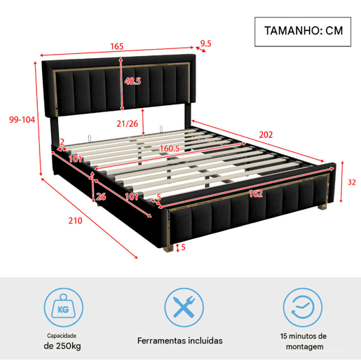Cama de casal 160x200 cm, cama com arrumação, espaço de arrumação cama de casal, cama para adolescente, preta.