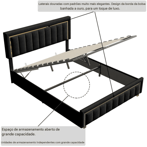 Cama de casal 160x200 cm, cama com arrumação, espaço de arrumação cama de casal, cama para adolescente, preta.