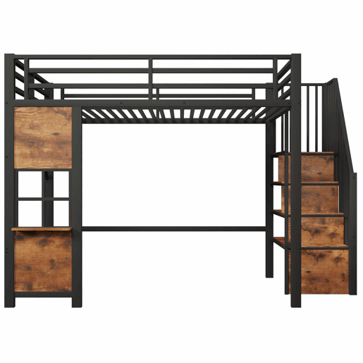 Cama alta individual 140 x 200 cm - estrutura de metal, escada com prateleiras, arrumação aberta e grade de proteção, sem colchão - preta