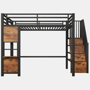 Cama alta individual 140 x 200 cm - estrutura de metal, escada com prateleiras, arrumação aberta e grade de proteção, sem colchão - preta