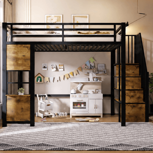 Cama alta individual 140 x 200 cm - estrutura de metal, escada com prateleiras, arrumação aberta e grade de proteção, sem colchão - preta