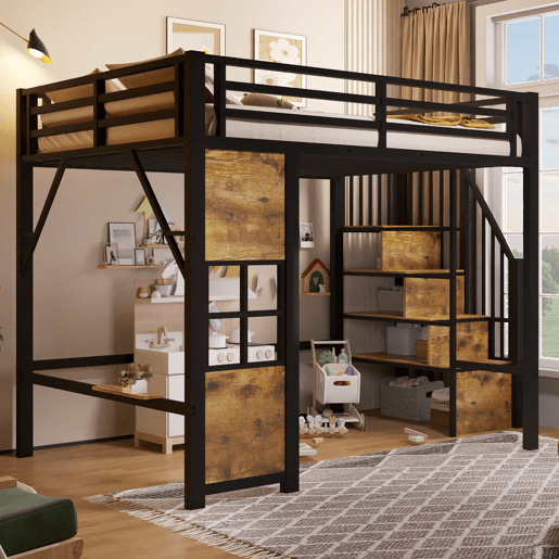Cama alta individual 140 x 200 cm - estrutura de metal, escada com prateleiras, arrumação aberta e grade de proteção, sem colchão - preta