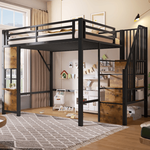 Cama alta individual 140 x 200 cm - estrutura de metal, escada com prateleiras, arrumação aberta e grade de proteção, sem colchão - preta