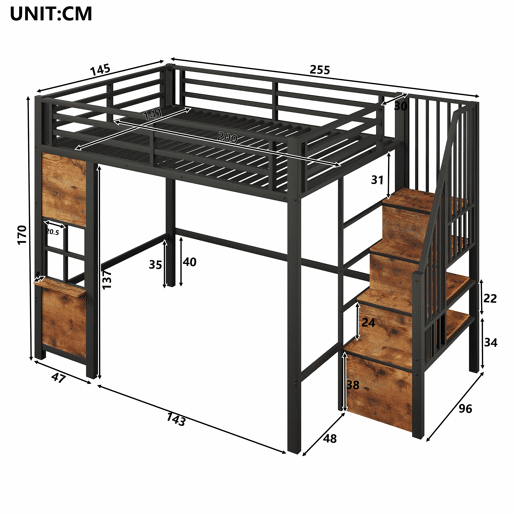 Cama alta individual 140 x 200 cm - estrutura de metal, escada com prateleiras, arrumação aberta e grade de proteção, sem colchão - preta