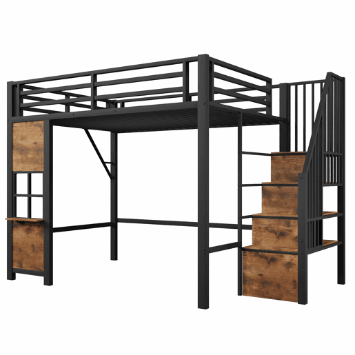 Cama alta individual 140 x 200 cm - estrutura de metal, escada com prateleiras, arrumação aberta e grade de proteção, sem colchão - preta