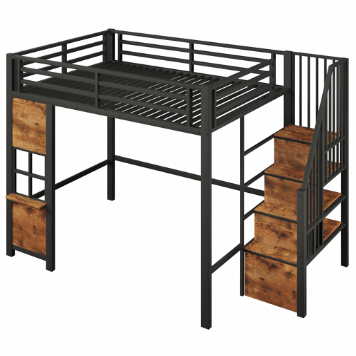Cama alta individual 140 x 200 cm - estrutura de metal, escada com prateleiras, arrumação aberta e grade de proteção, sem colchão - preta