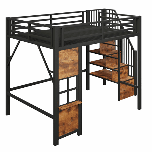 Cama alta individual 140 x 200 cm - estrutura de metal, escada com prateleiras, arrumação aberta e grade de proteção, sem colchão - preta