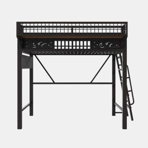 Cama alta 90 x 200 cm u2013 estrutura metálica, arrumação e espaço aberto por baixo, sem colchão u2013 preta