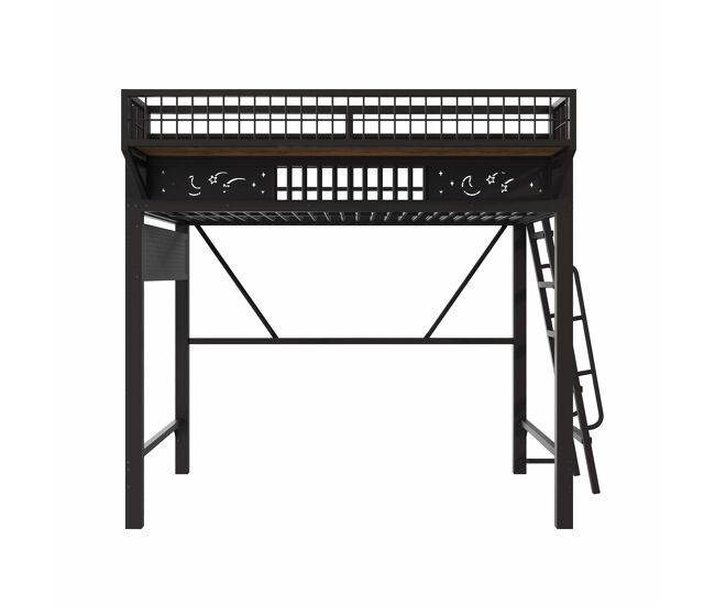 Cama alta 90 x 200 cm – estructura metálica, almacenaje y espacio inferior abierto, sin colchón – negro