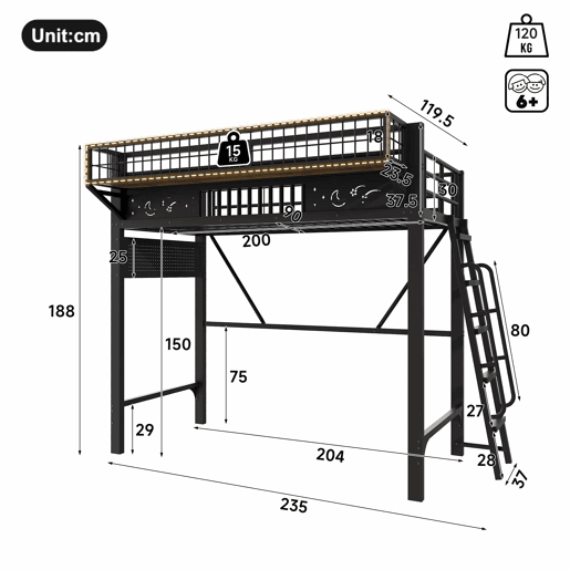 Cama alta 90 x 200 cm u2013 estrutura metálica, arrumação e espaço aberto por baixo, sem colchão u2013 preta Cama alta 90 x 200 cm u2013 estrutura metálica, arrumação e espaço aberto por baixo, sem colchão u2013 preta
