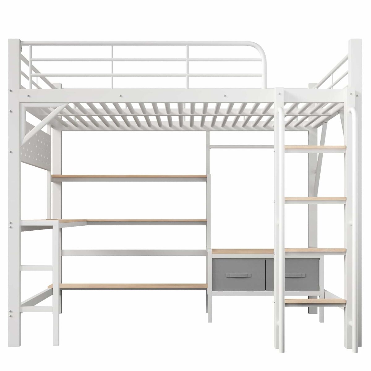 Cama alta 140 × 200 cm – escritorio, estantes, cajones, usb y led, sin colchón – blanco