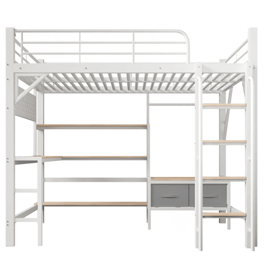 Cama alta 140 × 200 cm u2013 secretária, prateleiras, gavetas, USB e LED, sem colchão u2013 branco Cama alta 140 × 200 cm u2013 secretária, prateleiras, gavetas, USB e LED, sem colchão u2013 branco