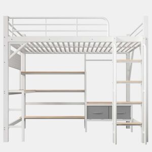 Cama alta 140 × 200 cm u2013 secretária, prateleiras, gavetas, USB e LED, sem colchão u2013 branco