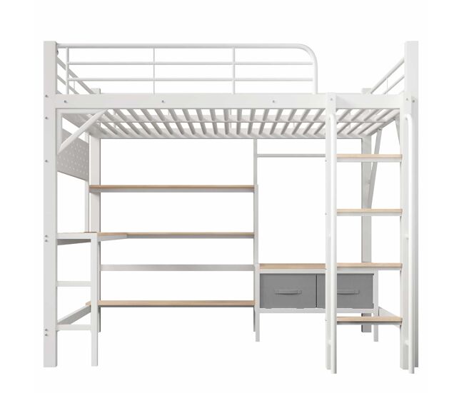 Cama alta 140 × 200 cm – escritorio, estantes, cajones, usb y led, sin colchón – blanco