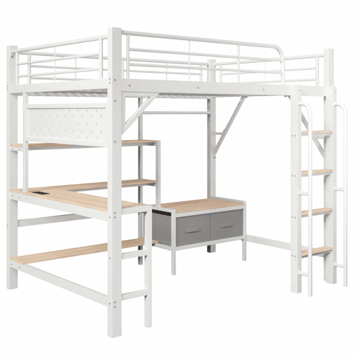 Cama alta 140 × 200 cm u2013 secretária, prateleiras, gavetas, USB e LED, sem colchão u2013 branco Cama alta 140 × 200 cm u2013 secretária, prateleiras, gavetas, USB e LED, sem colchão u2013 branco